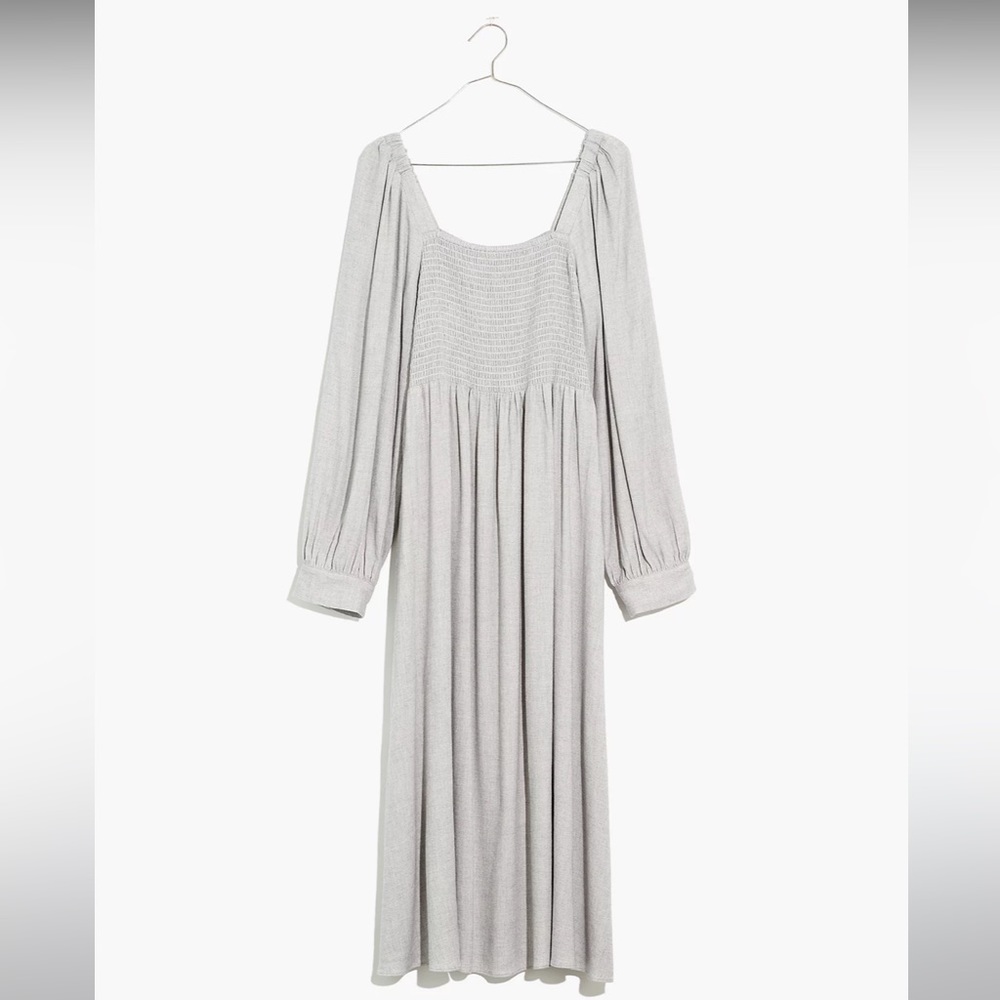 Lucie Long-Sleeve Smocked Midi Dress in Wool Gauze